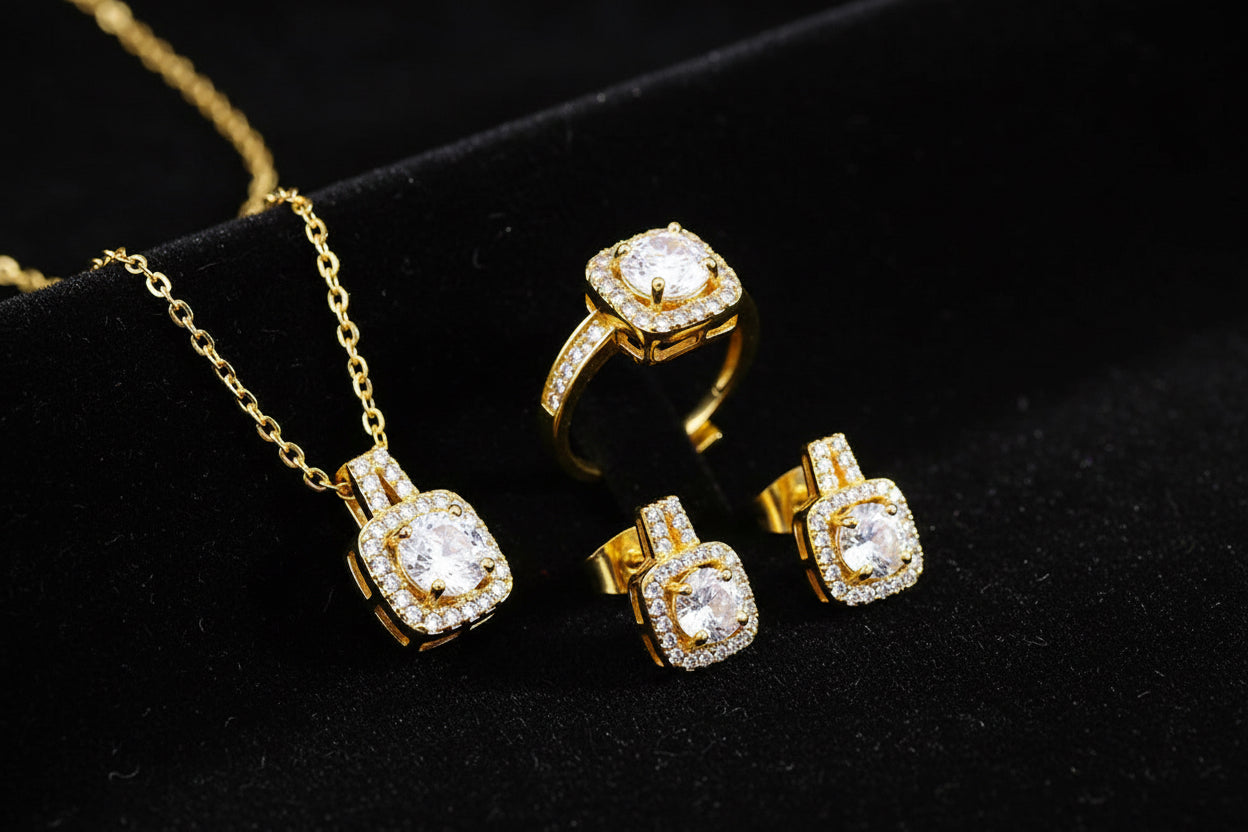 Fashion Jewelry Set Zircon Gem Pendant Chain Choker Necklace For Women Gold Color Stud Earring Statement Wedding Ring